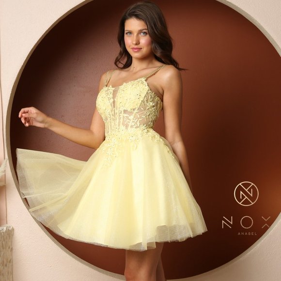 NEW LEMON OFF THE SHOULDER SLEEVELESS EMBROIDERY MINI GOWN WITH STRAPS NX T724 - Picture 5 of 8